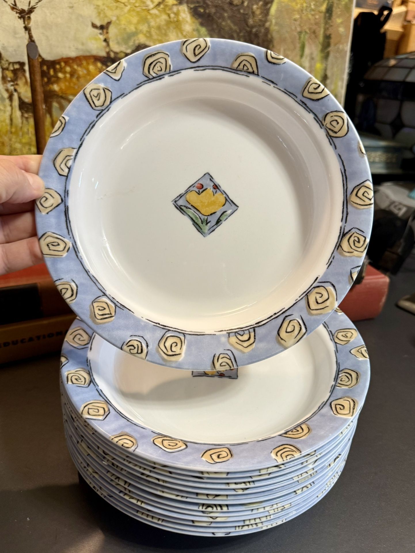 Lot 14 NMC CORELLE VITRELLE WATERCOLOR 15oz SOUP BOWLS PLATES BLUE SCROLLS 8.5”