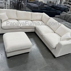 Ashley Ivory Sectional And Ottoman, Plush Sectional, Couch, Sofa, Corduroy Sectional Couch, Sectionals, Beige Sofa, Ivory Couch, Living Room Sofa