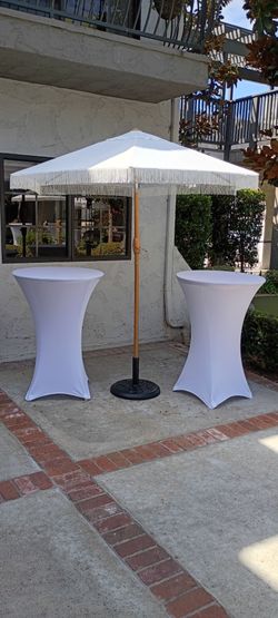 30" cocktail tables, tablecloths, bar stools, umbrellas