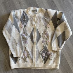 Vintage Coastal Grandma XL Argyle cardigan sweater W/ Embroidered Flowers (mint)