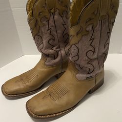 Reyme Original Men’s Size 8.5 Leather Western Cowboy Boots, Tan Brown & Pale Pink
