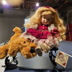 Porcelain Doll On Bench, With Dog