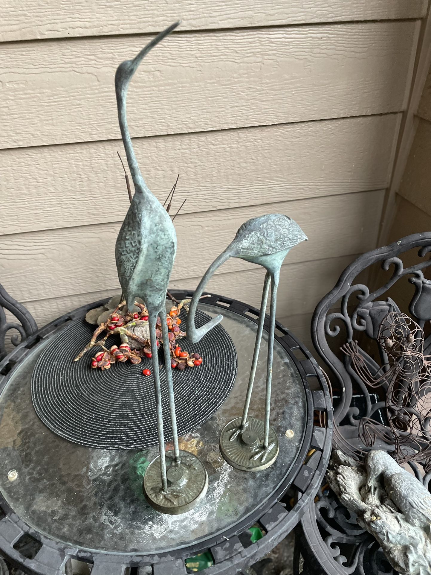 Garden Bronze Green Patina Cranes Set of Two . 20”& 14”T