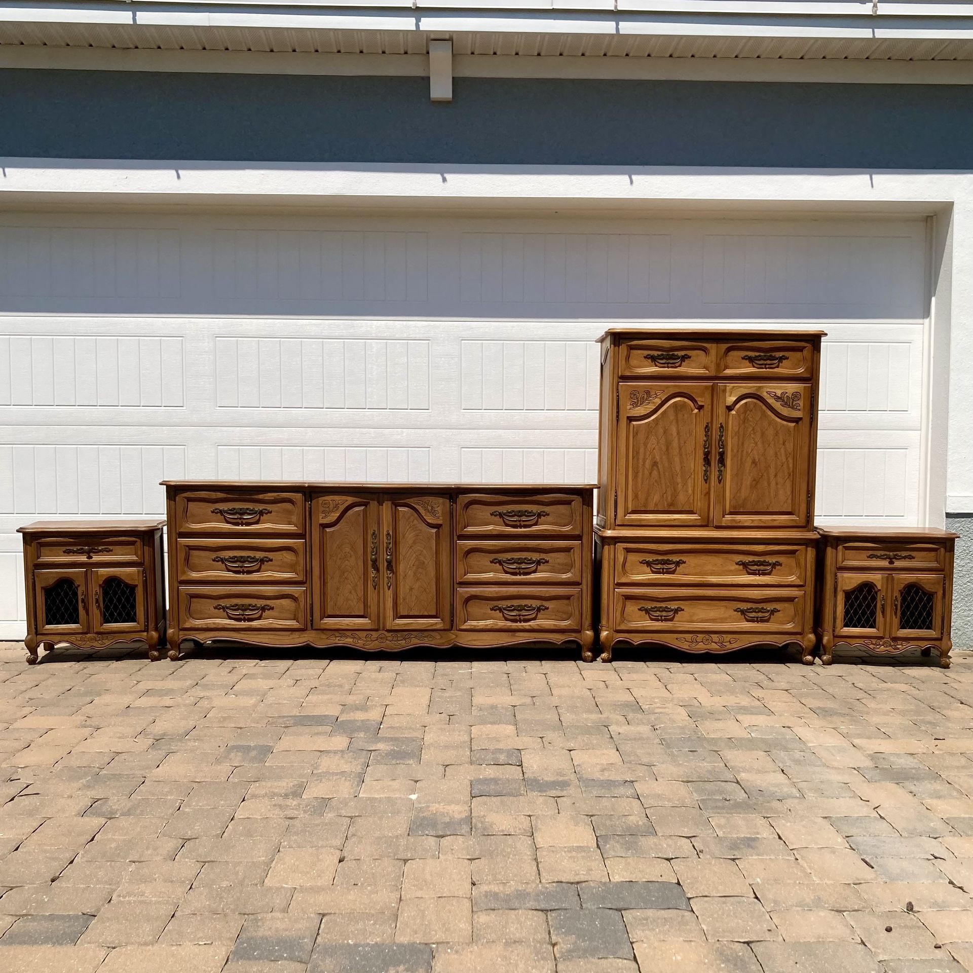 Vintage French Provincial Hickory Manufacturing Co. Bedroom Set | Oak Dresser | Oak Nightstands | MCM