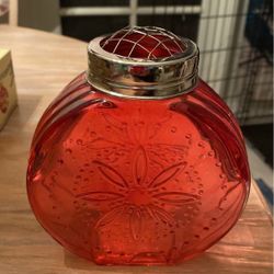 Cranberry Glass Round Vase  W Frog Lid 