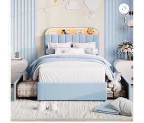 Twin Blue Upholstered Kids Bed with Storage