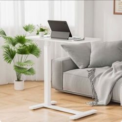 New White Laptop Desk with Wheels, Adjustable Height Overbed Bedside Table Mobile Standing Desk