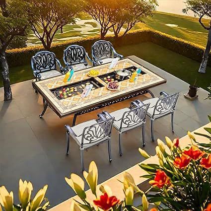 Outdoor grill table patio dining Set 6-Person Outdoor BBQ table Set with Convertible Dual Grill Table（electric and charcoal）