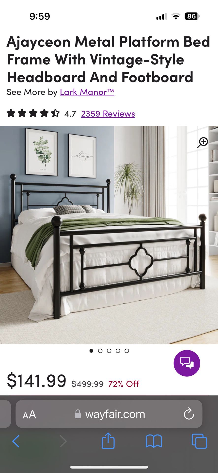 Black Metal Platform Bed Frame With Vintage-Style Headboard And Footboard. Mattress Available.