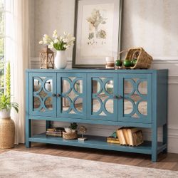 60” Antique Blue Designer Sideboard / Console Table  w/ Mirrored Cabinet Doors & Adjustable Shelves & Solid Wood Legs [NEW IN BOX] <Assembly Required>