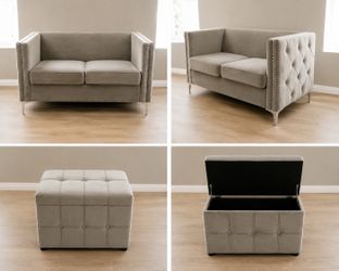 Gray velvet Love seat couch and storage ottoman