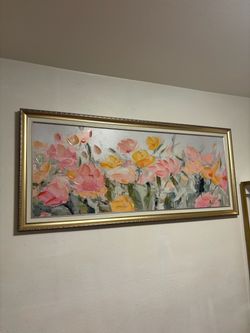 Framed Floral Oil Painting Pink Yellow Flowers