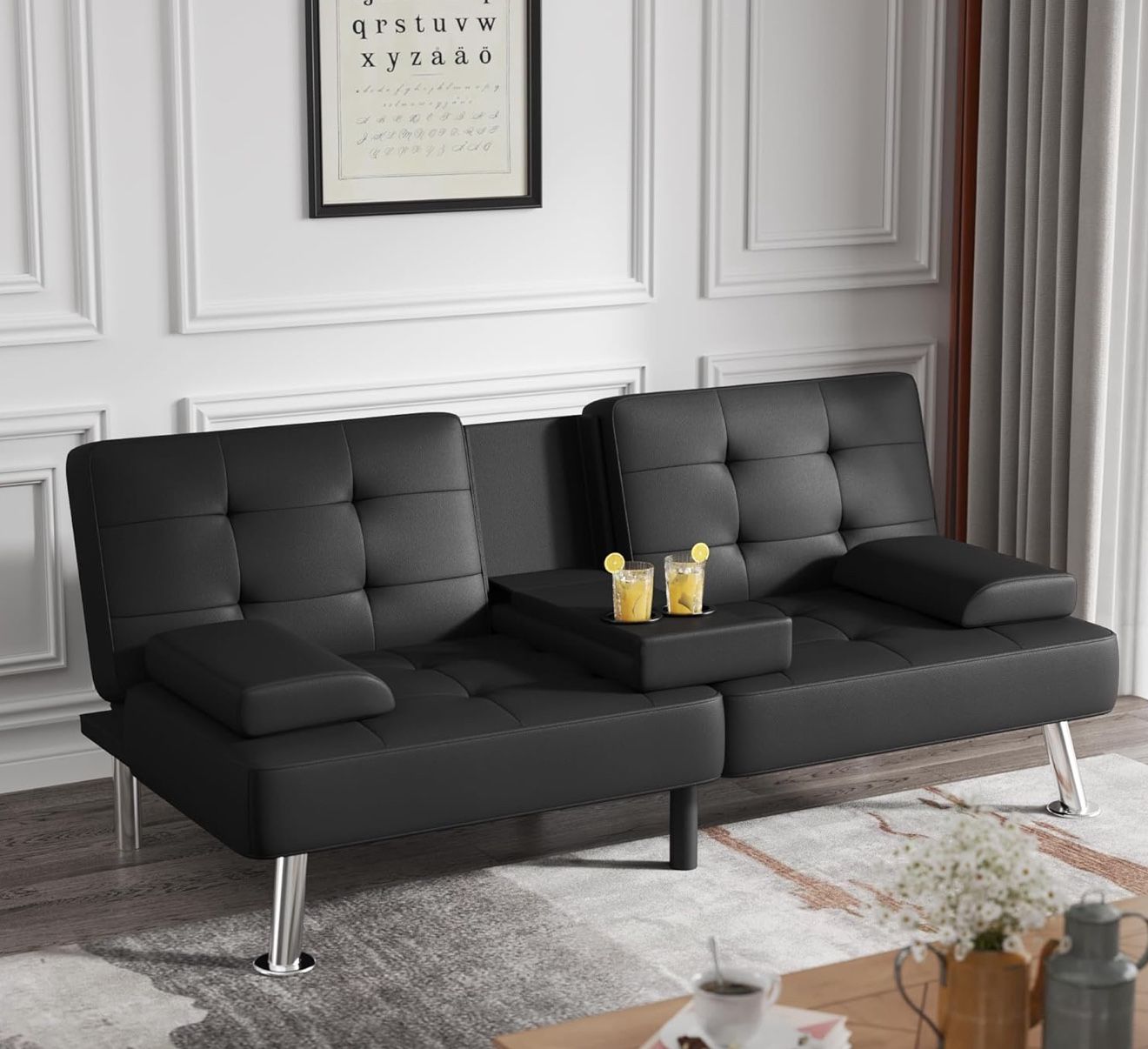 Flamaker Futon Sofa Bed Modern Folding Futon Set Convertible Recliner Lounge for Living Room with 2 Cup Holders, Removable Armrests (PU Leather, Black
