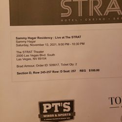 Sammy Hagar  (2) Tickets For November 13 At The STRAT in LAS  Vegas.  