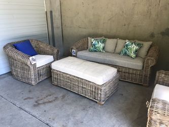Rattan Outdoor Sofa & Cushion $599! Ottoman $299! Pillows $25 For Two