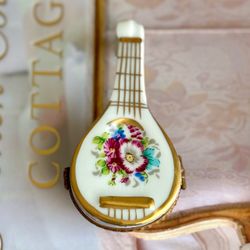 Vintage Limoges French Porcelain Mandolin Lute Hinged Jewelry Trinket Box
