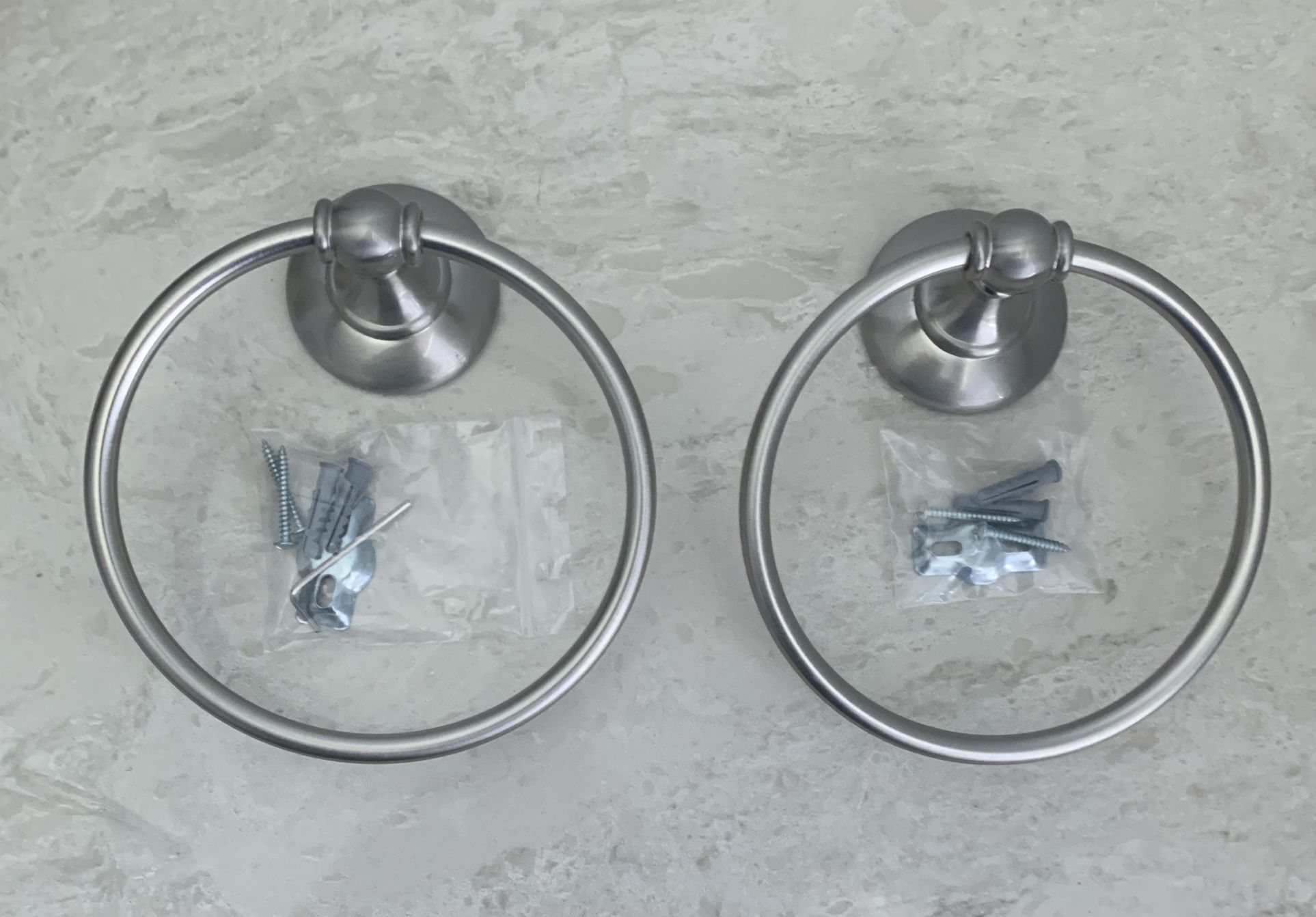 2 Brushed Nickel Towel Rings With Mounting Hardware