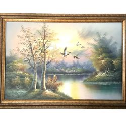 Large Oil painting - Nature Water Flying Ducks - 41”x29”