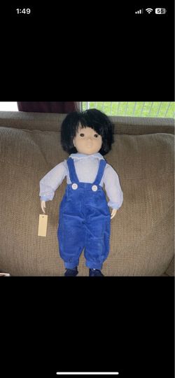 Ping Ling Chinese Collectible Doll with Blue Overalls and Tag