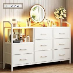 White Dresser for Bedroom with Light Strip & Power Outlet — 8 Drawers Dressers & Chest of Drawers with Shelf, Wood Top