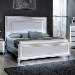 GLAM STYLE QUEEN / EASTERN KING SIZE BED FRAME GRAY LED LIGHT CAMA LUZ