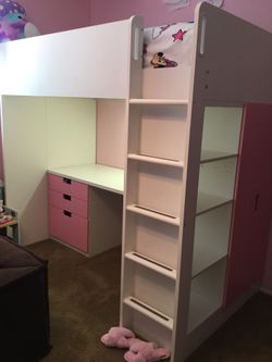 Girls Pink IKEA Loft Bed With Closet , Desk And Dresser