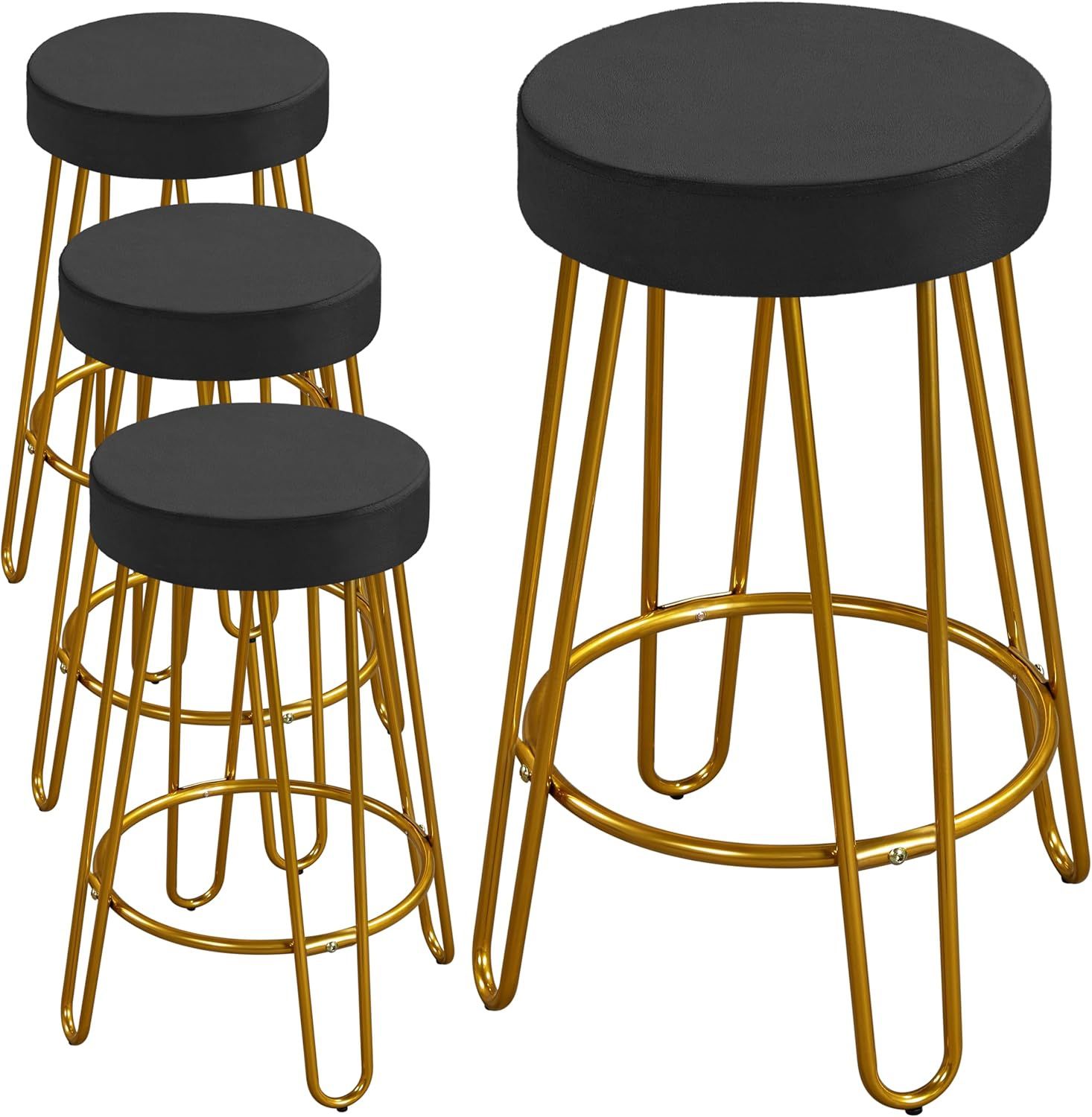 Bar Stools Set of 4, Velvet Round Counter Stools, Backless Counter Height Bar Chairs with Golden Legs for Kitchen Dining Room Pub Cafe, Black
