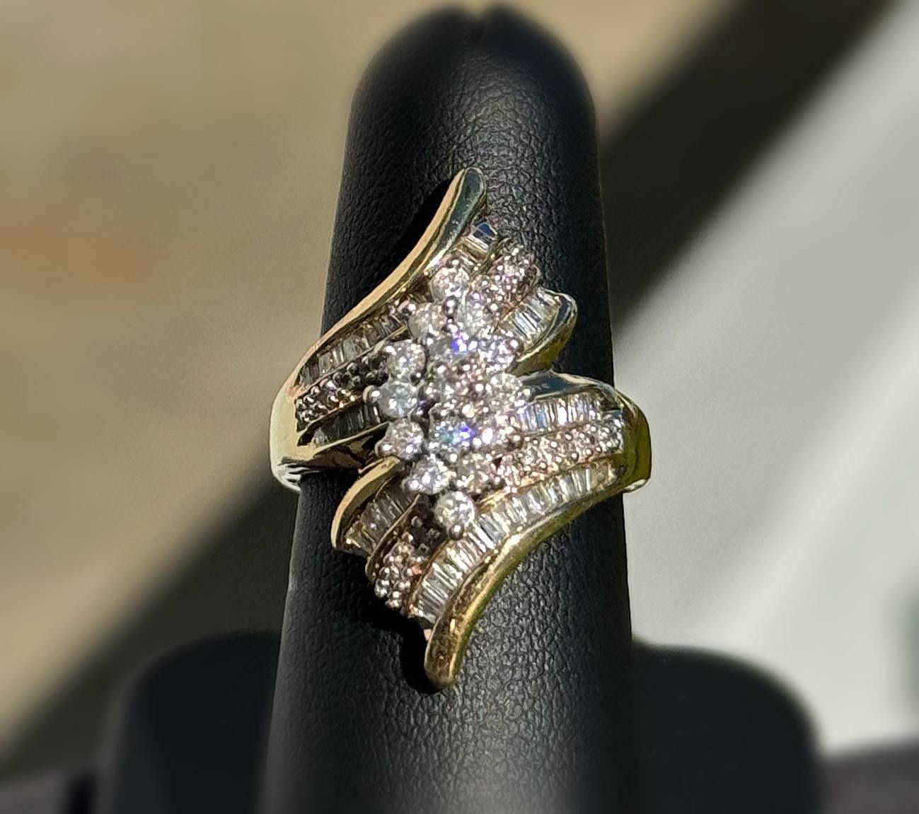 Jewelry 10k solid two tone yellow gold natural diamond baguette 2.50CTW waterfall cluster ring size 10.50