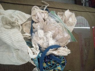 Vintage Mixed Fabric and Lace Trim Lot with needlepoint and ruler