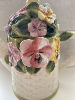 Time to Celebrate Teapot with Johnny Jump Flowers raised on pot & lid