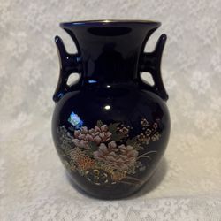 Asian Blue Ceramic Vase With Flowers