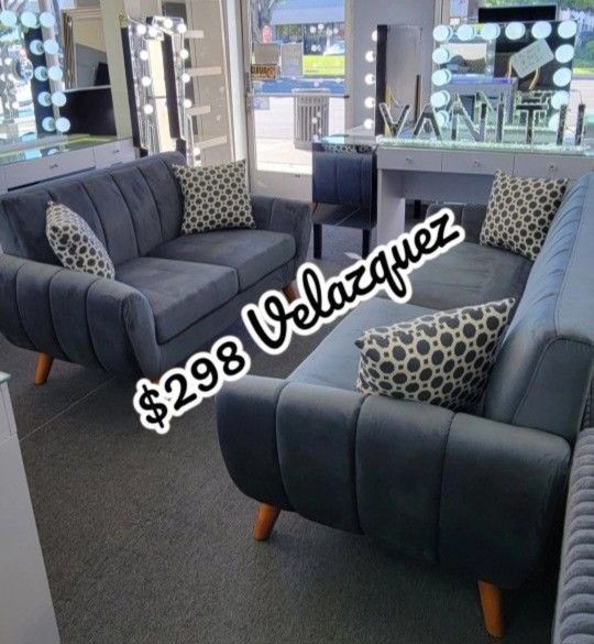 ✅️✅️2 pc dark grey velvet fabric mid century modern sofa and love seat set Langley street wooten✅️