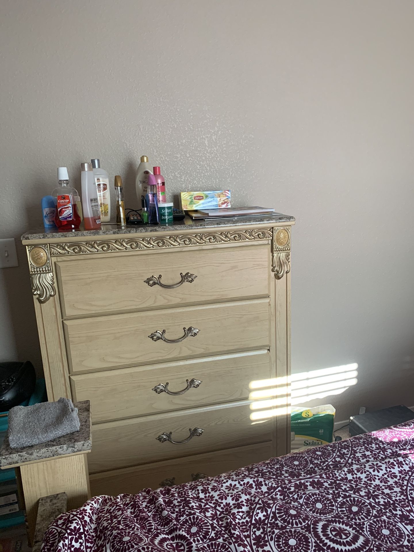 Beige queen size bedroom set with dresser and mirror chest and 1 night stand