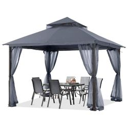 11 ft. x 11 ft. Gray Steel Outdoor Patio Gazebo with Vented Soft Roof Canopy and Netting $80