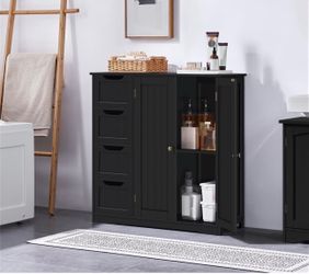 Wooden Bathroom Floor Cabinet with Adjustable Shelf, Black