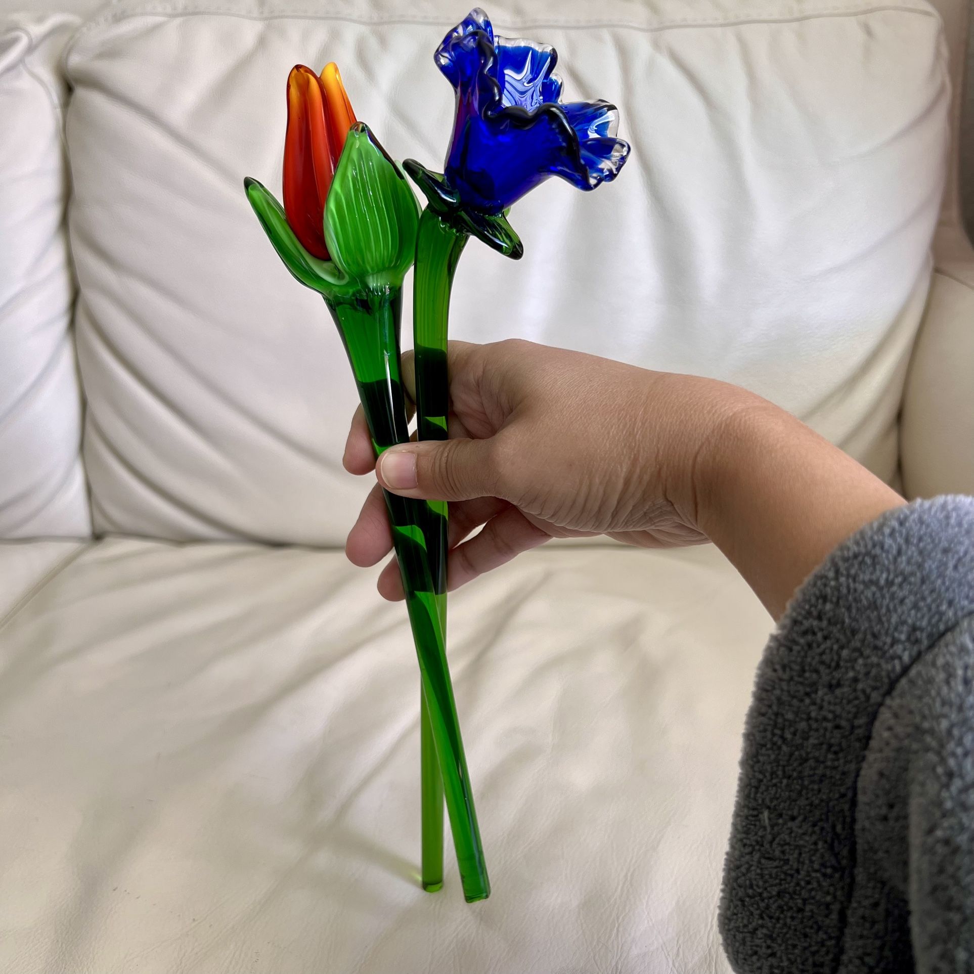 Hand Blown Glass Flower Stems in Blue and Orange Tulip