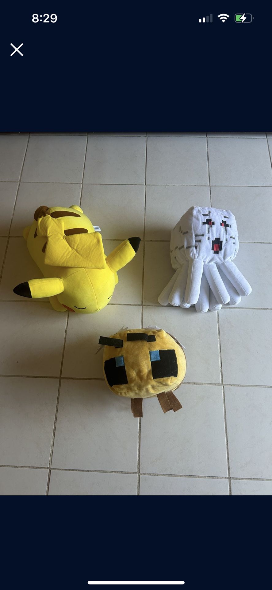 Minecraft Bee & Ghast/ Sleeping Pikachu Plushies