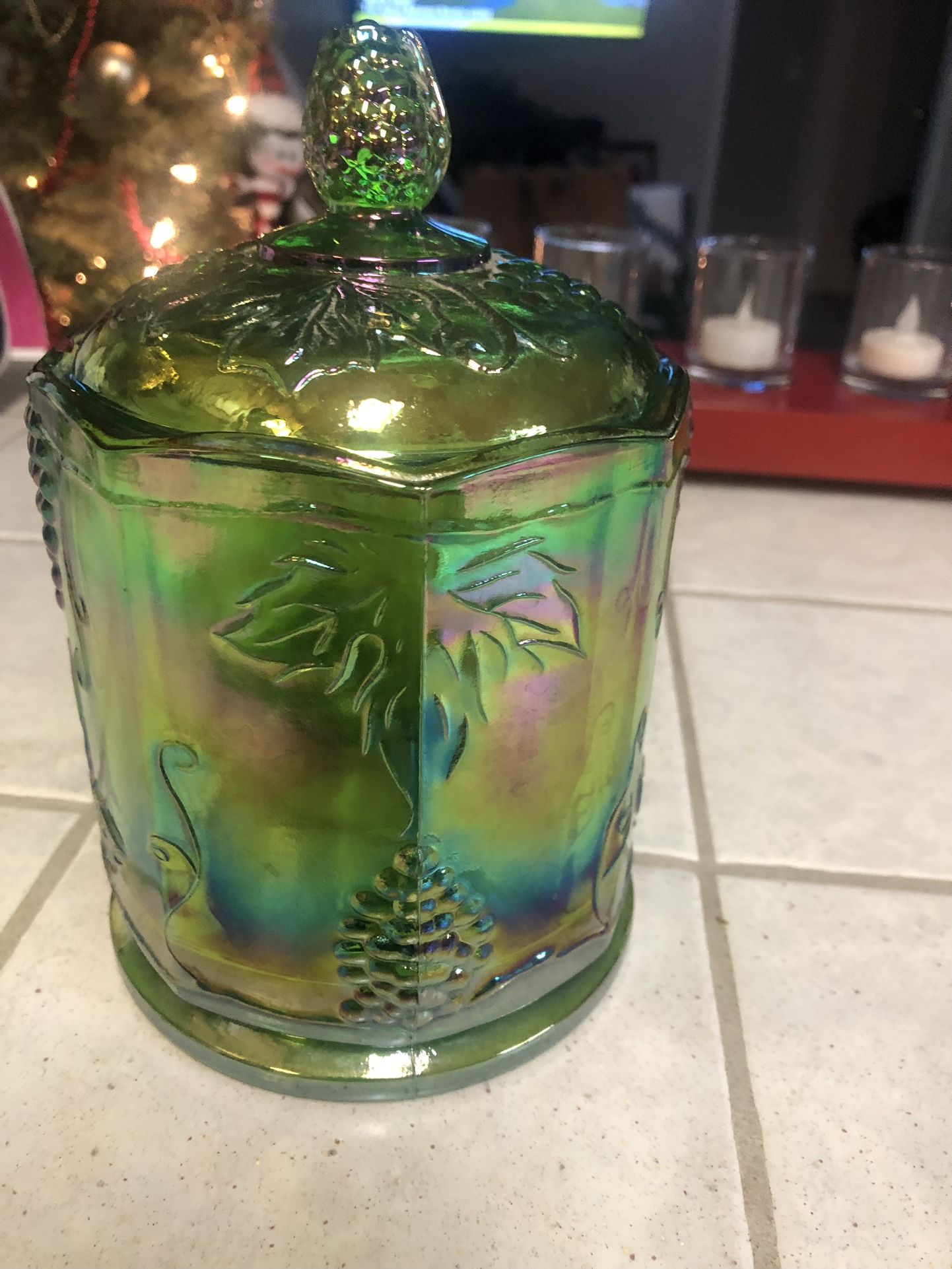 Vintage Carnival Glass Iridescent Green Candy Dish  With Lid