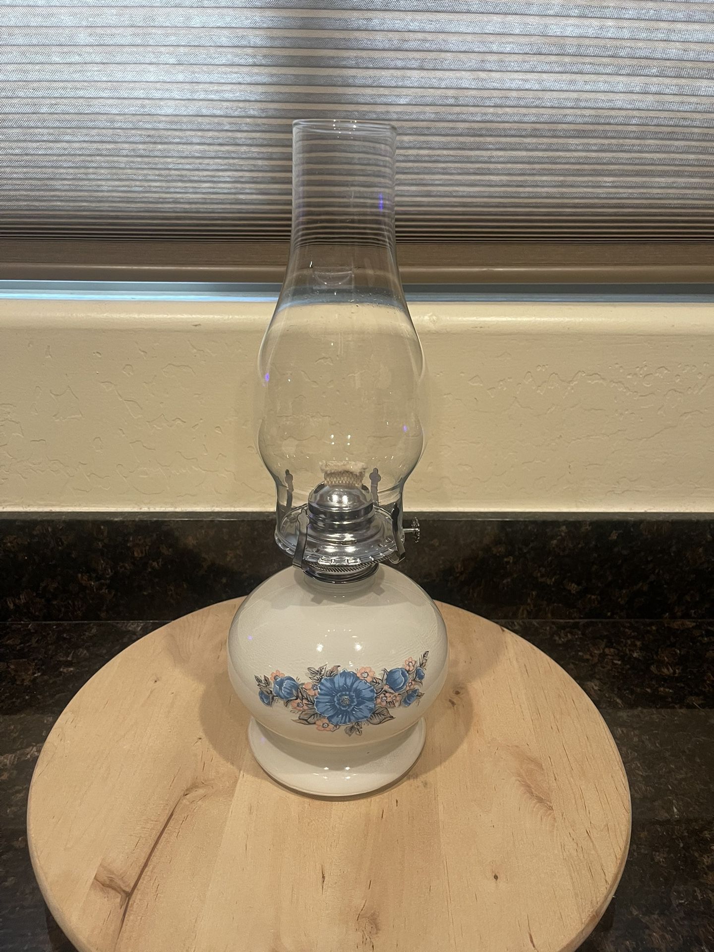 Vintage BLUE FLORAL Flowers WHITE BASE KEROSENE Glass Oil Lamp