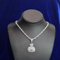 Silver Moissanite Money Bag Pendent With Chain 