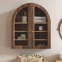 Brown Arched Wall Cabinet, Large Wood Bathroom Medicine Cabinet Wall Mounted Cupboard, Modern Floating Storage Cabinet with Acrylic Door Adjustable Sh