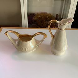 Vintage Pearl China Co 22KT Gold USA Iridescent Sugar Bowl And Creamer