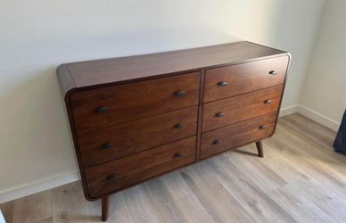 New Mid Century Dresser With Curved Corners. Pine Wood / Walnut Finish. (190 Lbs). 61x17x36H. Free Delivery!