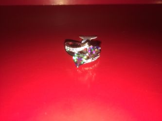 Double-Heart Multicolor Silver CZ Ring Sizes 5 6 7 8