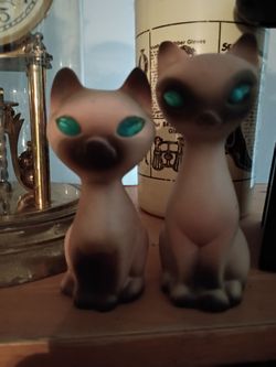 Vtg Roselane Pottery Siamese pair Cat Figurine SPARKLER Rhinestone Eyes USA 5" MCM