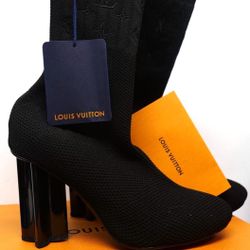 Louis Vuitton Shoes Fabric Silhouette Ankle Boots Black Womens Heel 42 EU, 12 US, made in Italy Bootie Stretch Textile Patent Monogram Canvas