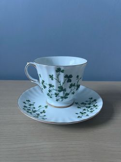 White Porcelain Shamrock Tea Cup and Saucer Set