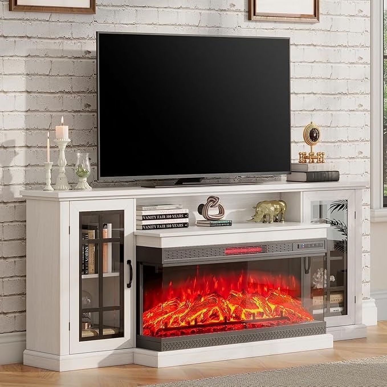 (No fireplace)VanAcc 75" Fireplace TV Stand with 3-Sided Glass, Entertainment Center with Farmhouse Glass Door, TV Console Table for TVs up to 85"/Dis