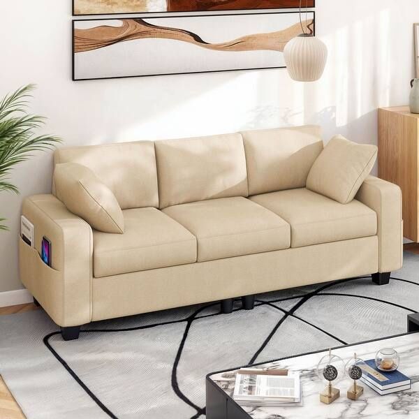 80" 3-seater Upholstered Sofa Beige 2 Pillows Couches with Side Pockets 