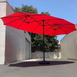 (Brand New) $130 Large Double Sided Outdoor (15ft Umbrella and 65lbs Plastic Base set) Colors Red/Gray